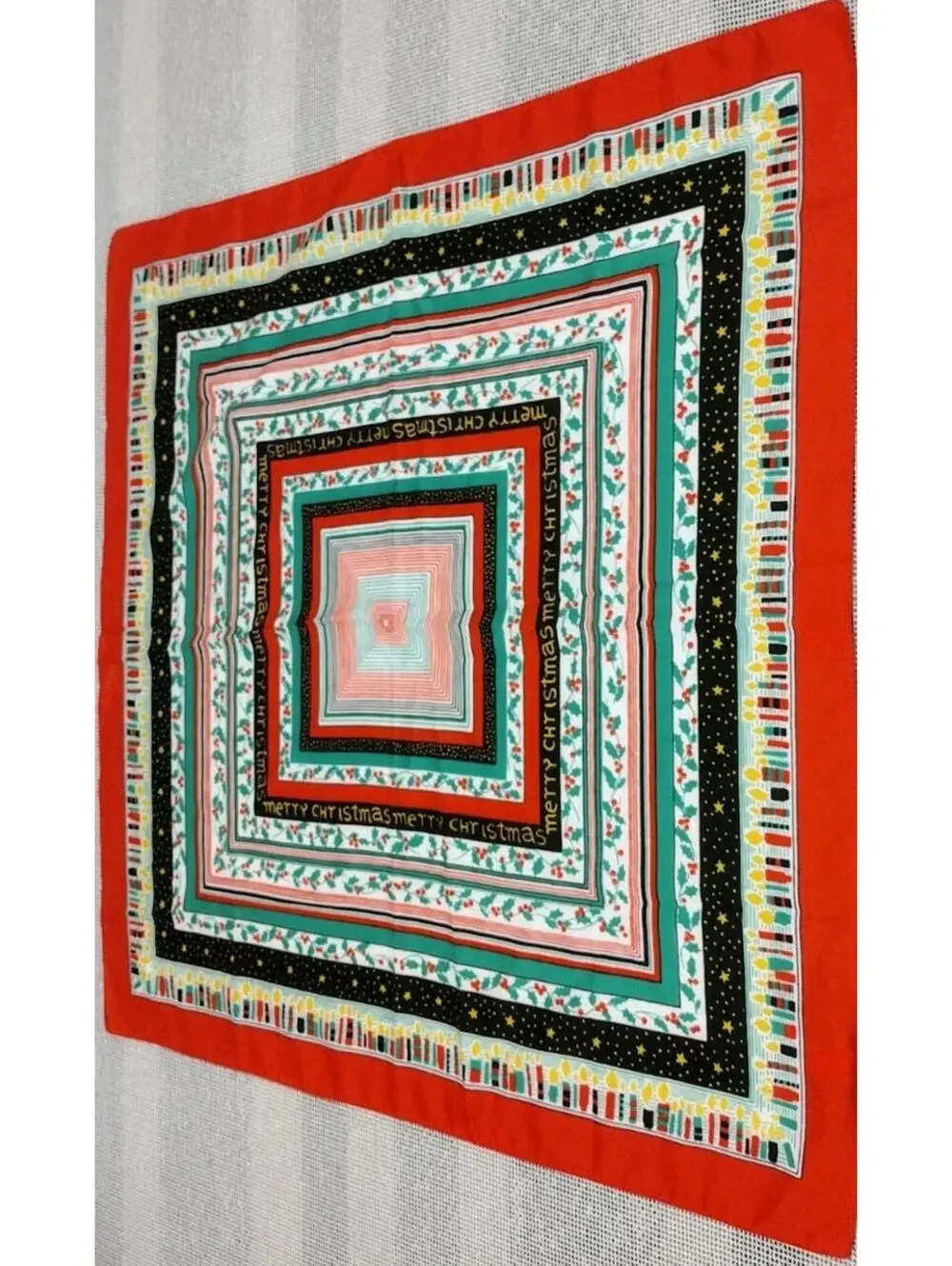 Vintage Holiday 1970s Large Scarf Menswear Italy Merry Christmas Candles Red 27